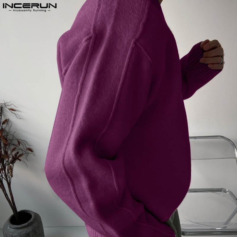 INCERUN Men Autumn Thick Woolen Knitted Pullovers Solid Color High Low Sweaters