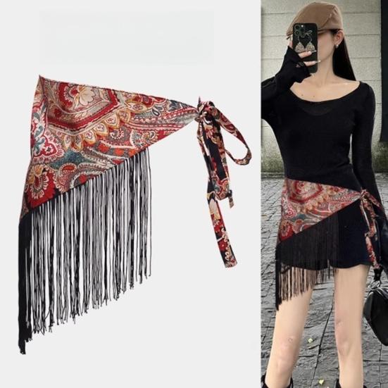 Cinturón Bufanda Larga Estrecha Boho Fajín Triangular con Borlas para Mujer Accesorio de Cintura Floral Retro para Vestidos Jeans