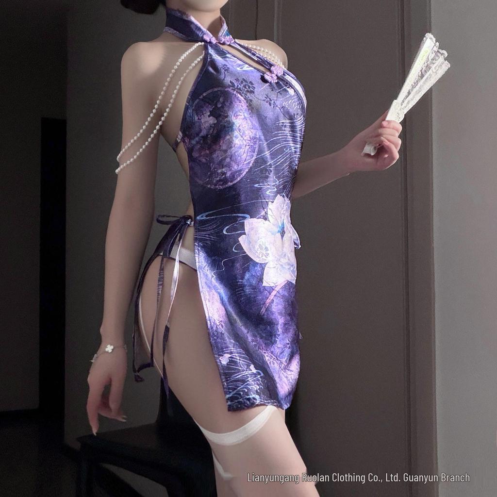 Ruo Lan Chinese-Style Pearl Backless Qipao Lingerie with Slit