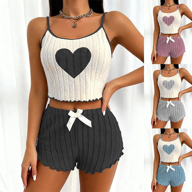 Women's Heart Print Ribbed Spaghetti Strap Crop Cami Top Bow Shorts Loungewear Two Piece Outfit Set