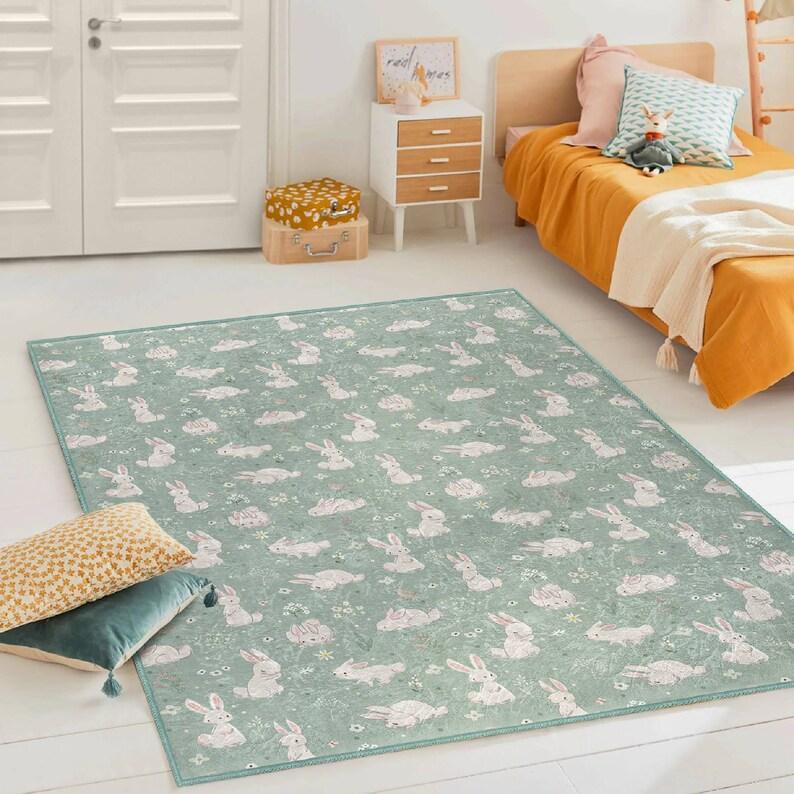 Bunny In The Forest Green Baby Room Rug Kids Room  Handmade Kid's Carpets Handmade Kids Room Rug Cute Rabbit Baby Rugs