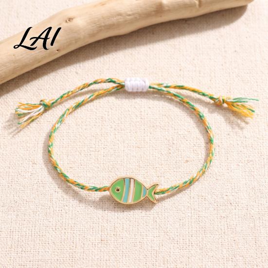 Colorful Striped Rope Bracelet Small Fish Handmade Braided Bracelet Boho Cute Woven Summer Beach Wrist Accessories String Adjustable Wristband