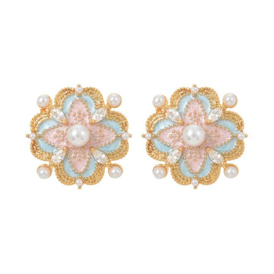 

1 Pair Stud Earrings Imitation Pearl Cubic Zirconia Stone Inlaid Flower Shape French Style Blue Enamel Ear Studs Jewelry Gift синий