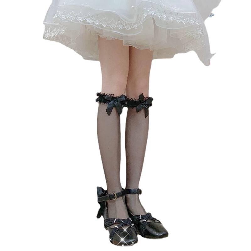 Women's Japanese Lolita Bow Lace Mid-Calf Socks - Black, Thin Summer Silks