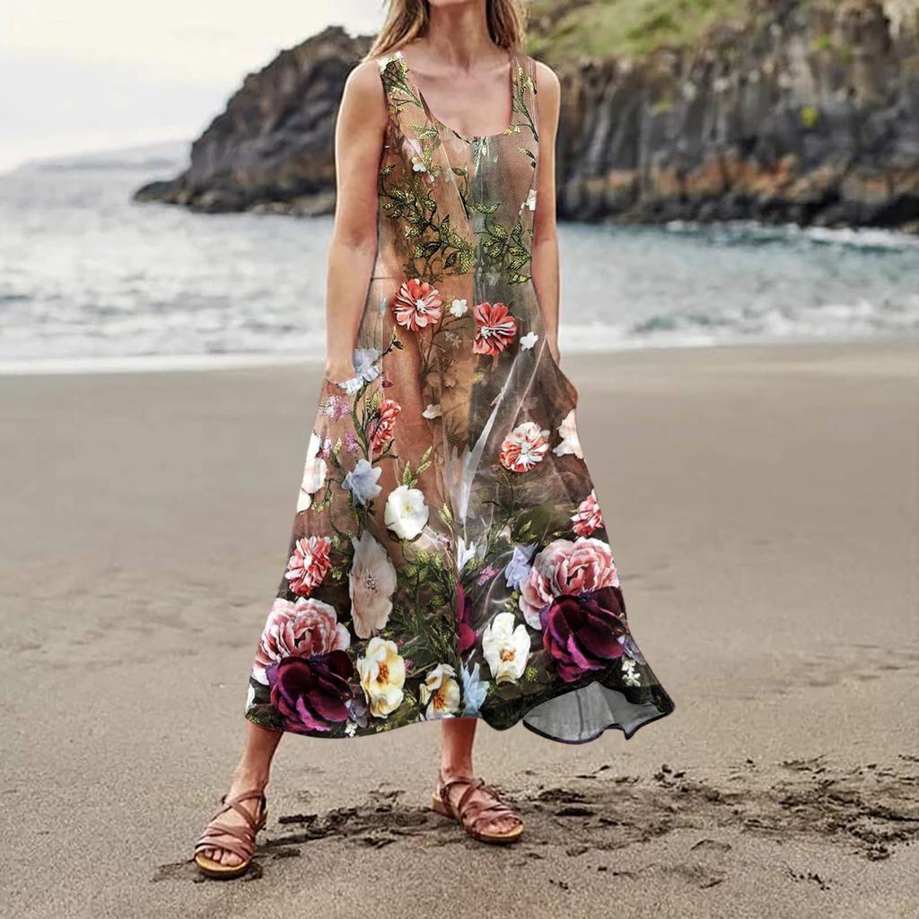 Women's Casual Fashion Flower Printed Sleeveless Pocket Dress