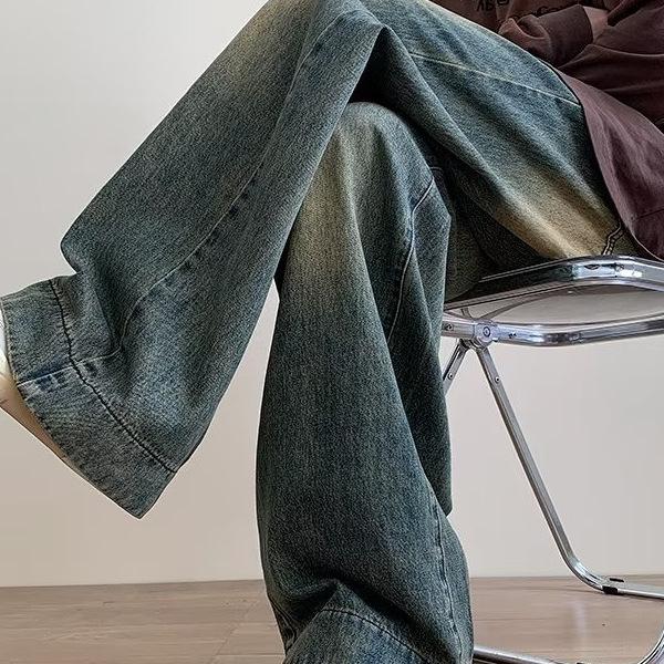 JYL Men's Ripped Jeans Vintage Washed Loose Wide-Leg Floor-Length Denim Pants