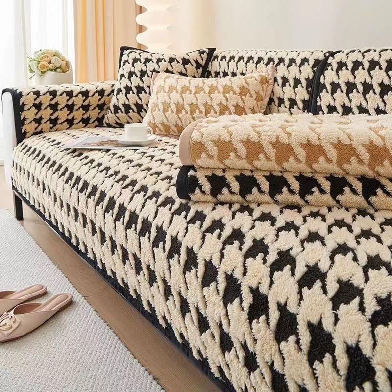 Sofa Cushion Plush Thickened Non-Slip Cover Cloth Universal Cushion Pastoral Style Plaid