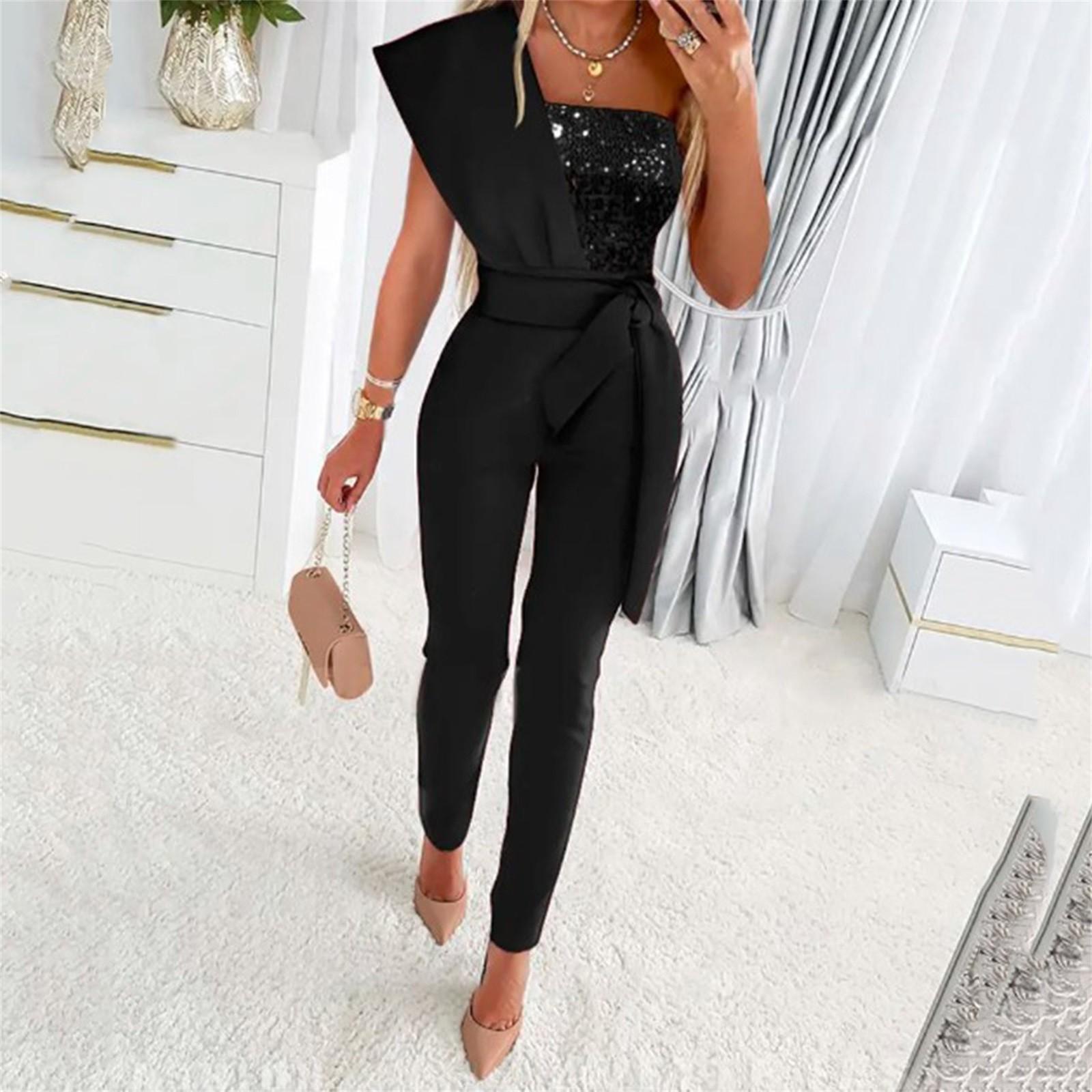 

Women s Color Sleeveless With Belt Jumpsuit Slim Splicing Sequins Jumpsuit XL чорний