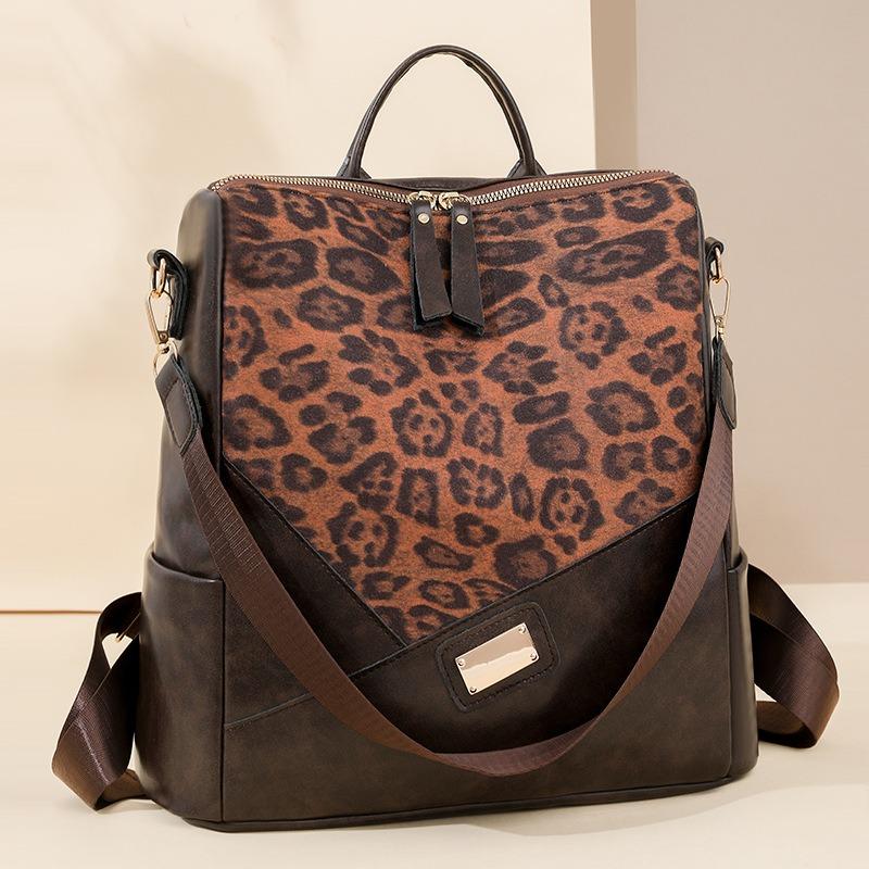 Retro fashion new leopard print backpack women's shoulder bag simple large capacity multi-functional three-purpose backpack