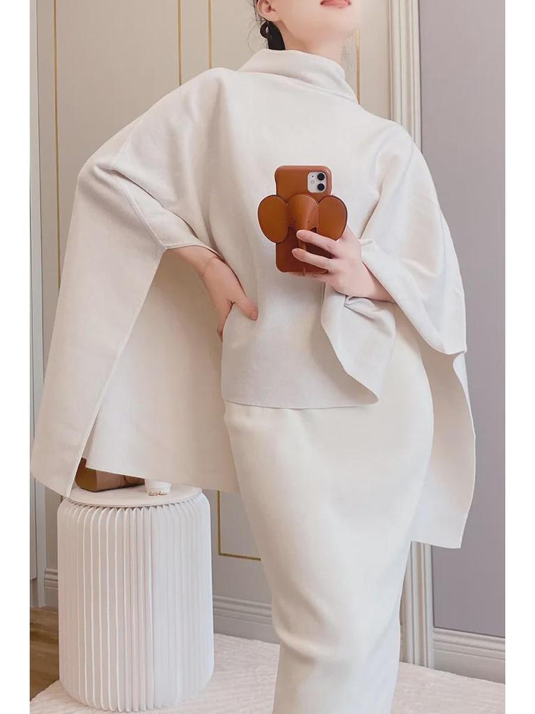 Women's Wool Blend Cape: Turtleneck Sweater Coat with Bat Sleeves - Cos Style for Autumn/Winter
