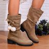 Faux Suede Slouchy Mid Calf Boots for Women Wide Calf Pull On Chunky Block Heel Boots Women's Comfortable Round Toe Fall Winter Low Heel Booties Shoes