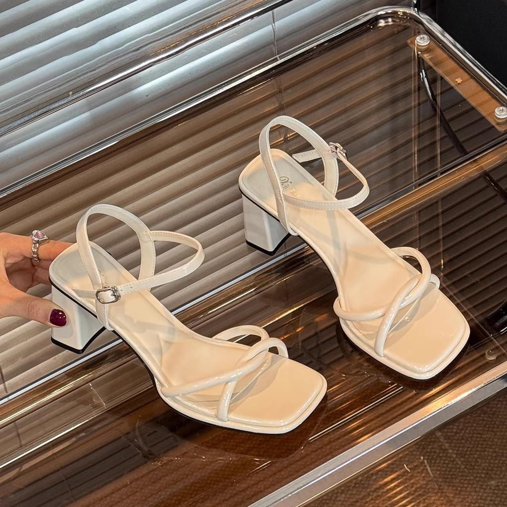 Summer Burgundy High Heels Women's New Thick Heel Square Head with One Word Fashion Sandals