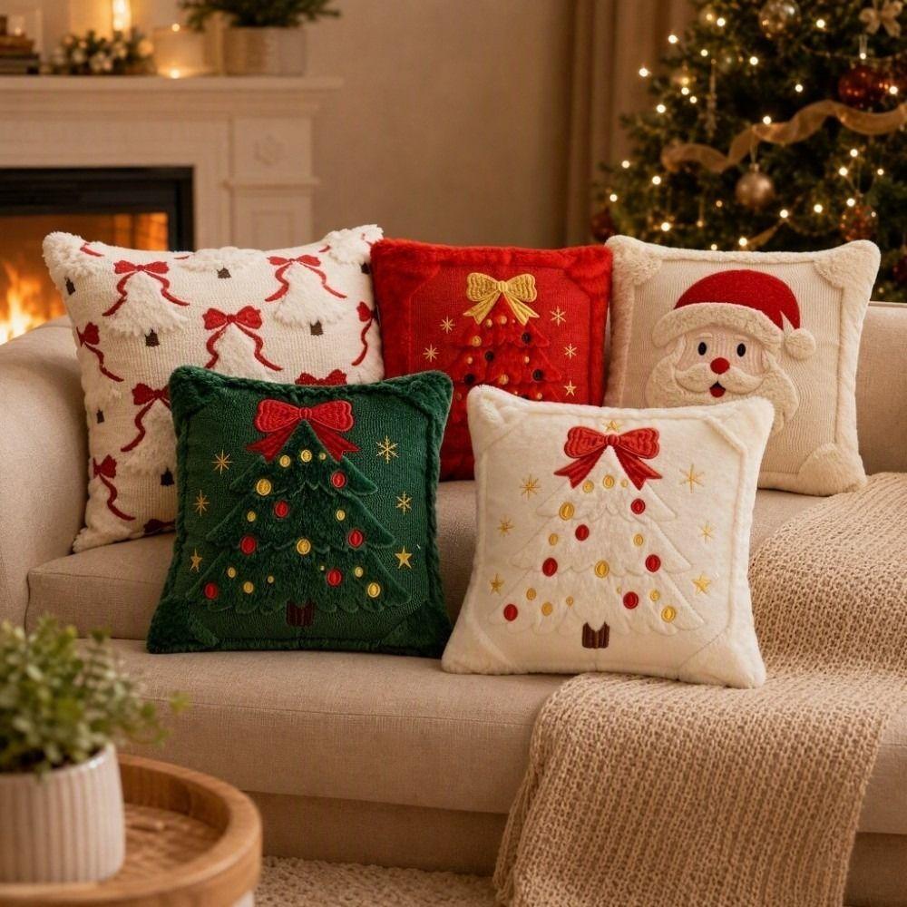 Soft Christmas Pillow Cover Santa Claus Bowknot Throw Cushion Case Square 45cm 17.72in Xmas Tree Pillowslip Home Decor