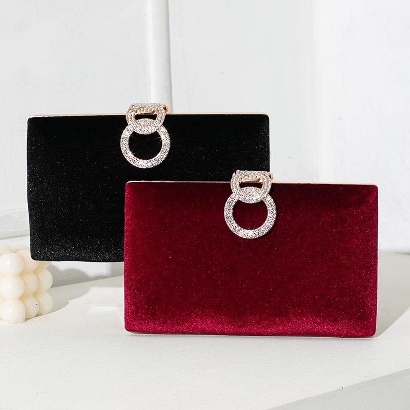 Elegant Solid Velvet Evening Clutch Rhinestone Decor Chain Handbag Luxury Formal Women Purse For Party Banquet