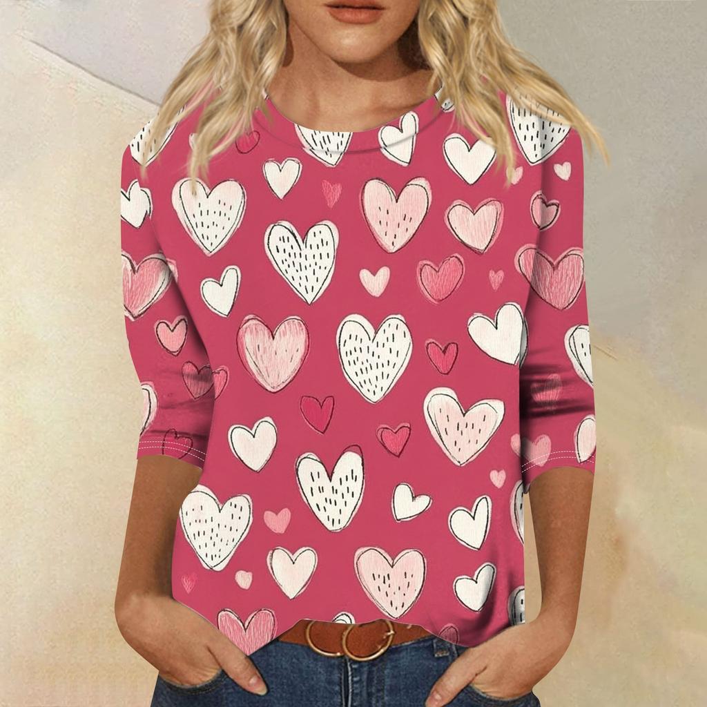 Top cu mâneci 3/4 Tricou de damă Casual Imprimat de Ziua Îndrăgostiților Tricou cu gât rotund Jumper