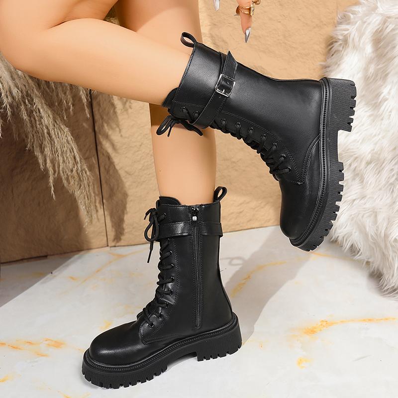 Fashion Fashion Buckle Platform Mid Calf Boots Women Lace Up Punk Motorcycle Boots Woman Autumn Winter Thick Sole Pu Leather Botas 35-42