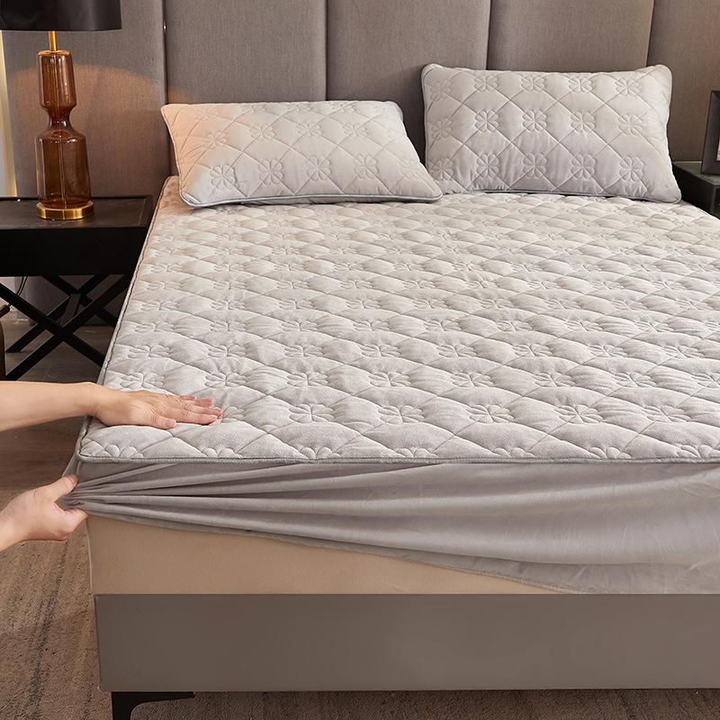 

Four Season Universal Solid Color Crystal Velvet Thicken Quilted Mattress Cover Warm Plush Queen King Quilted Bed Fitted Sheet pillowcase 2pcs