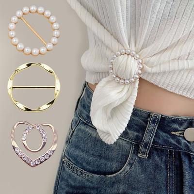6 Pcs Clothes Corner Knotted Buttons Round Circle Heart Shape Faux Pearl Rhinestone Decor Scarf Ring Clips T-shirt Ties Clips Shirt Tighten Clips