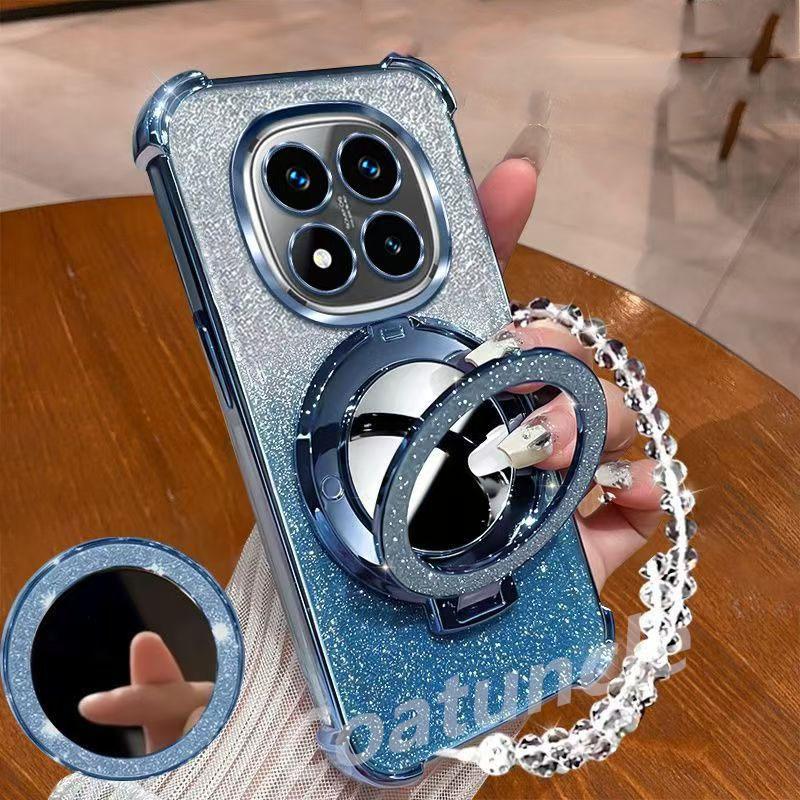 Glitter Magnetic Mirror Stand Bracelet Holder Case For Xiaomi Poco X7 PocoX7 Pro X6 X5 M7 M6 F6 F3 F7 Pro Ultra Shockproof Cover