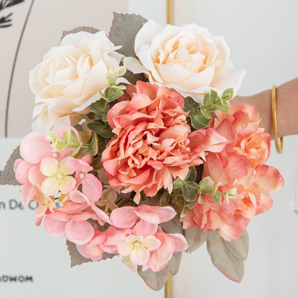 Artificial Flowers 5 Branches Silk Peony Roses Combination Home Room Decora Bridal Bouquet Wedding Wreath Accessories DIY Gifts
