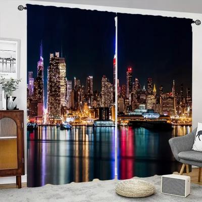 Panouri Perdea Blackout cu Vedere Modernă de Noapte a Orașului New York - Draperii cu Filtrare a Luminii cu Peisaj Urban Neonat cu Buzunar pentru Galerie pentru Camera de Zi