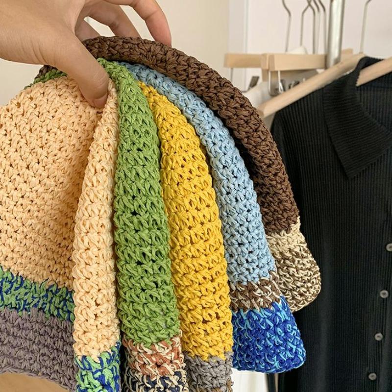 Color Matching Hat Women's Summer Breathable Sunshade Straw Woven Sunscreen Hat Travel Bucket Hat