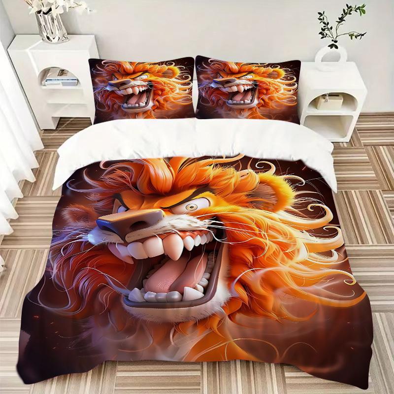 3pcs Lion Head Bedding Set - 1 Duvet Cover + 2 Pillowcases(Core Not Included), Machine Washable Polyester yy251216120