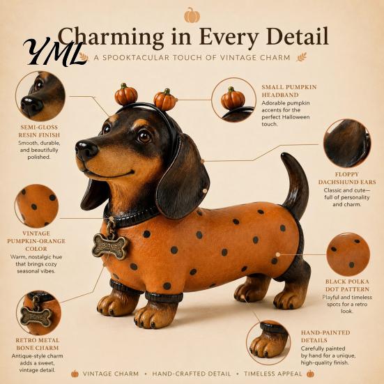 Small Ornament for Fireplace Fall Harvest Dachshund Figurine, Halloween Statue with Pumpkin Headband Polka Seasonal Window Display Accents Dot Outfit,