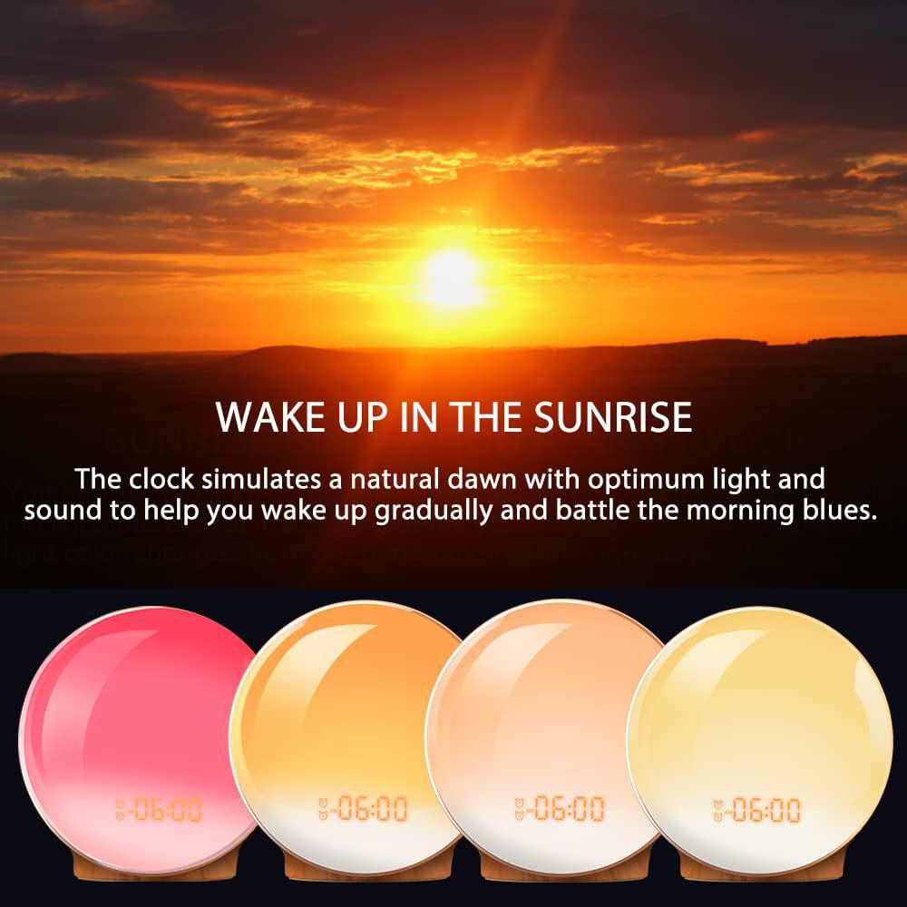 Wake-Up Light Alarm Clock with LED Sunrise/Sunset Simulation, FM Radio, and Colorful Night Lamp