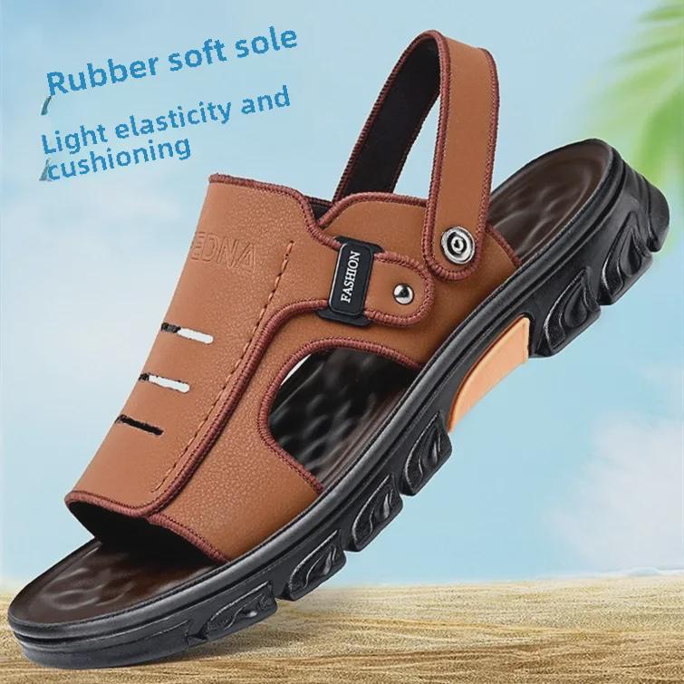 Aoweigezi 2023 Men's Summer Soft Leather Non-slip Beach Sandals with Thick Sole.