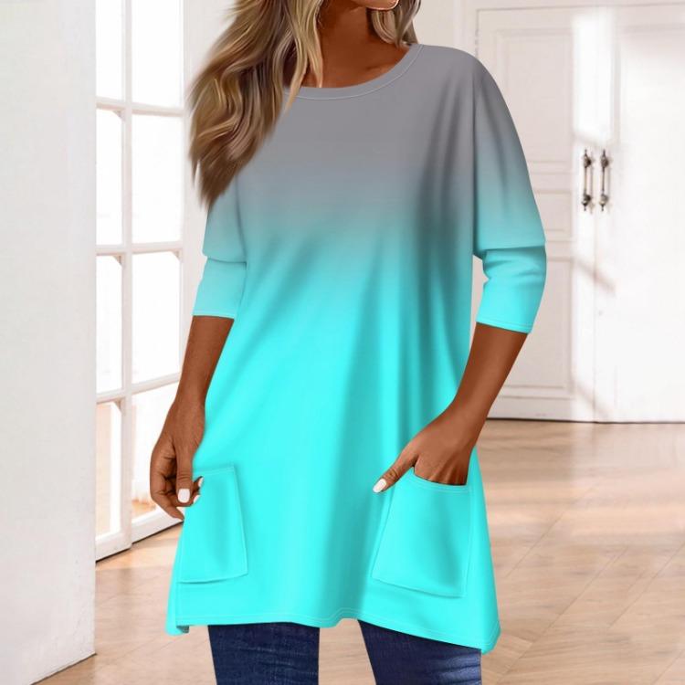 Women 3/4 Sleeve Round Neck T Shirt Casual Print Blouse Pullover Tops with Pocket Mid Length