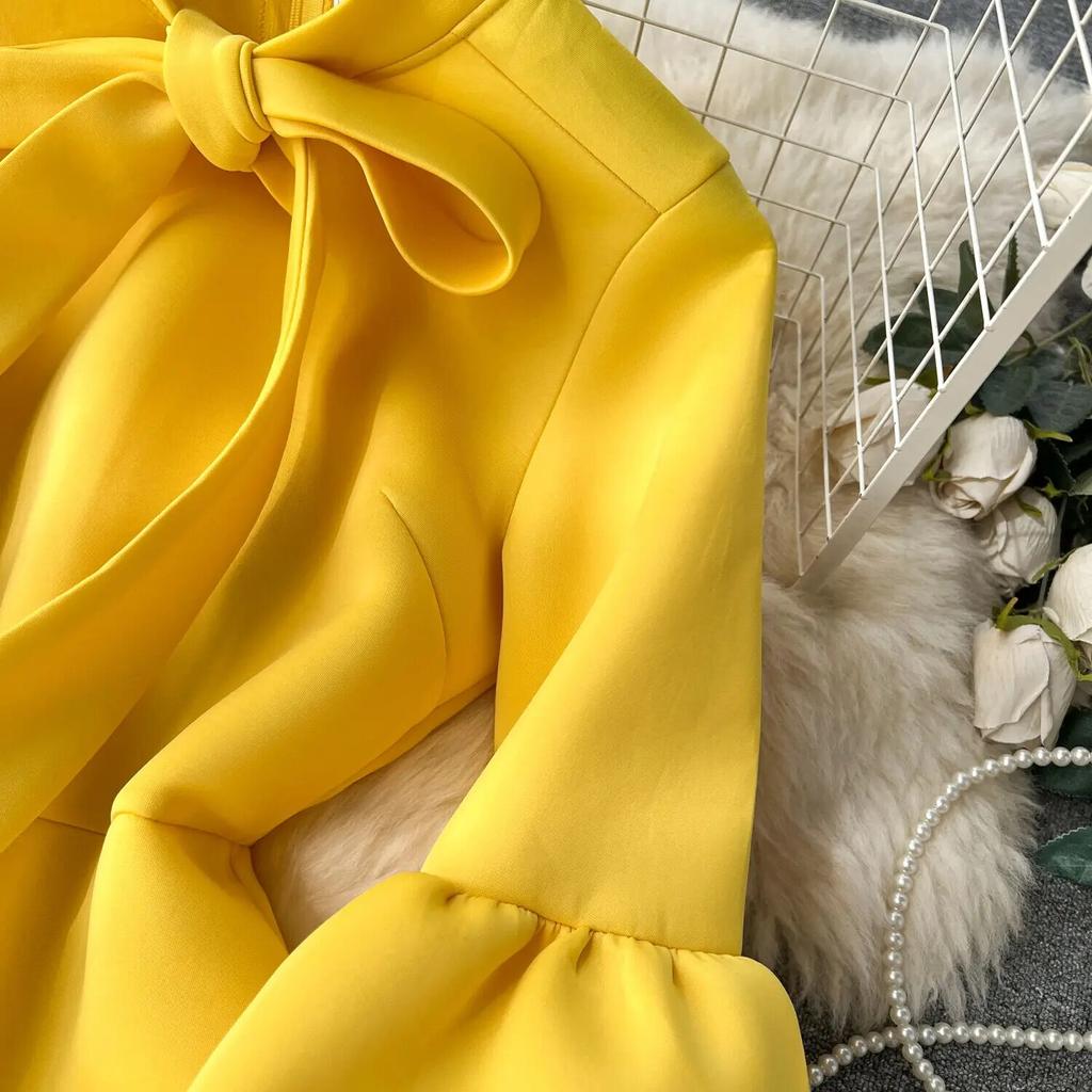 Dámské šaty ve sladkém stylu s mašlí Lucerna s dlouhým rukávem Jednobarevné šaty s vysokým pasem podzim zima 2024 Novinka