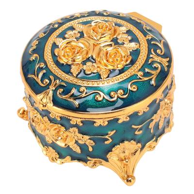 Vintage Jewelry Box Zinc Alloy Round Exquisite Hand Carved Gold Flower Pattern Versatile Storage Case for Ring Earring Necklace