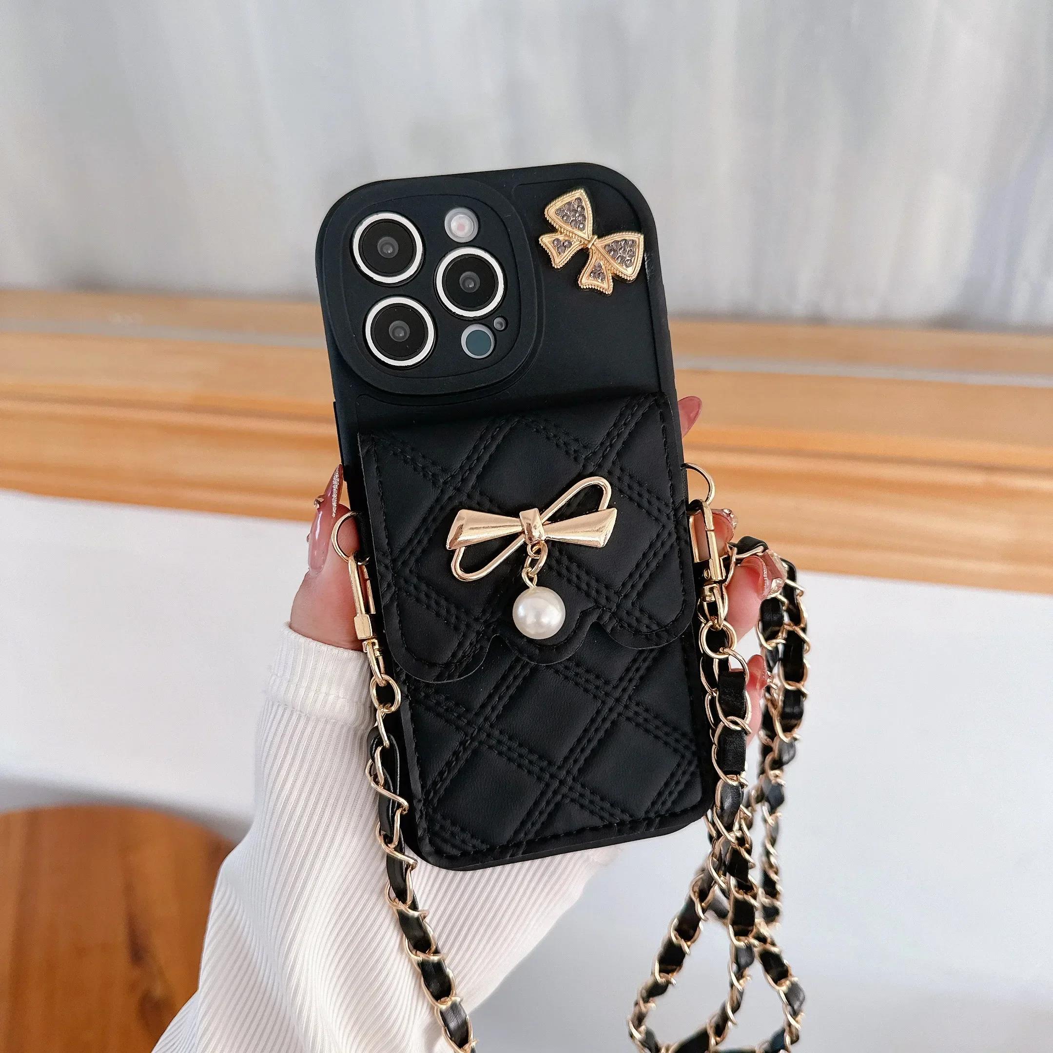 

3D Bowknot Crossbody Wallet Phone Case For iPhone 16 15 14 Plus 13 12 11 XS XR X 7 8 Pro Max Plus SE with Card Holder Lanyard iPhone X чорний