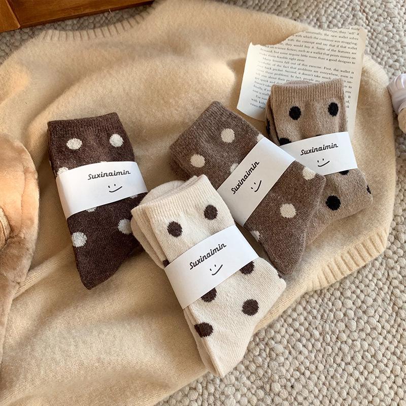 Women's Mid-Calf Polka Dot Brown Wool Socks - Warm, Thickened, Japanese Style for Fall/Winter