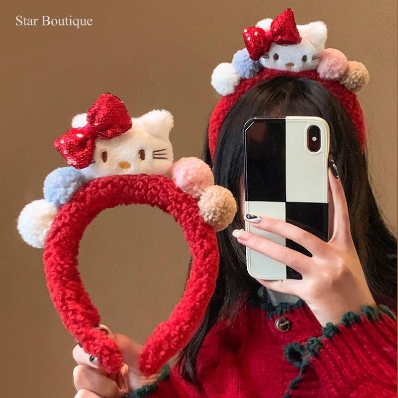Red Bow Kitty Plush Headband for Women - Perfect for Autumn, Winter, Face Washing, and Holiday Headwear