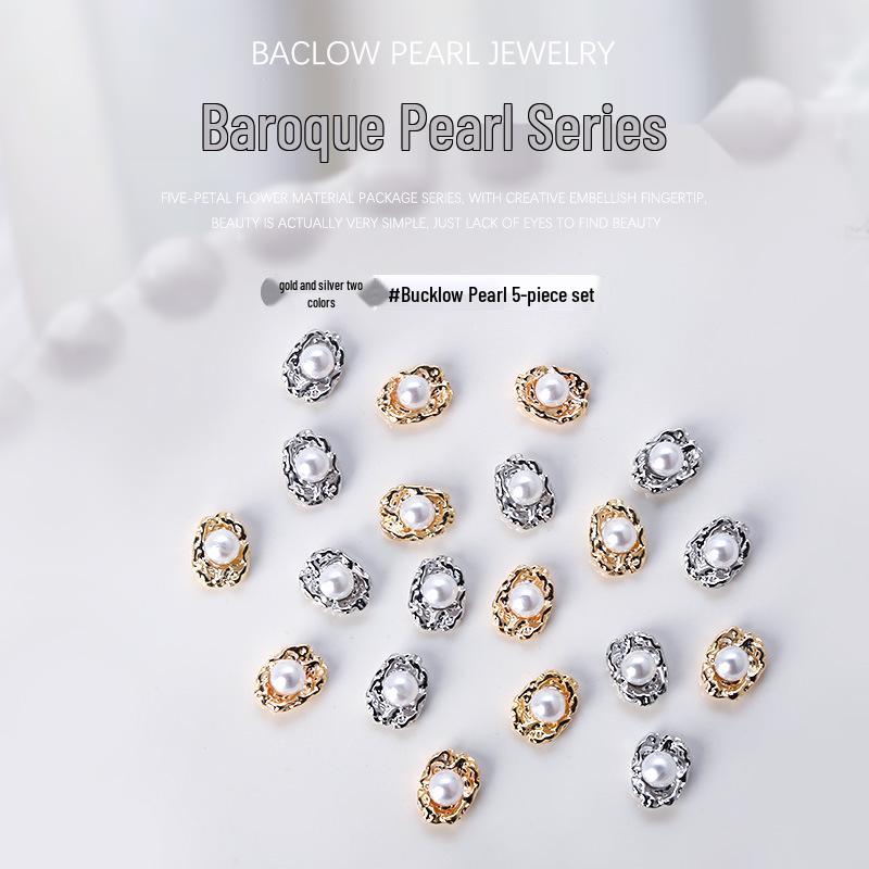 

Vintage Baroque Pearl & Rhinestone Nail Art Jewelry: Gold/Silver Metal 5-Piece Set