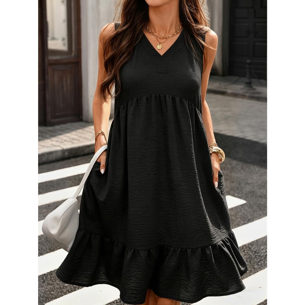 Sleeveless V Neck Ruffle Hem Dress with Pockets Casual Loose Fit Summer Sundress for Women Lightweight Fabric