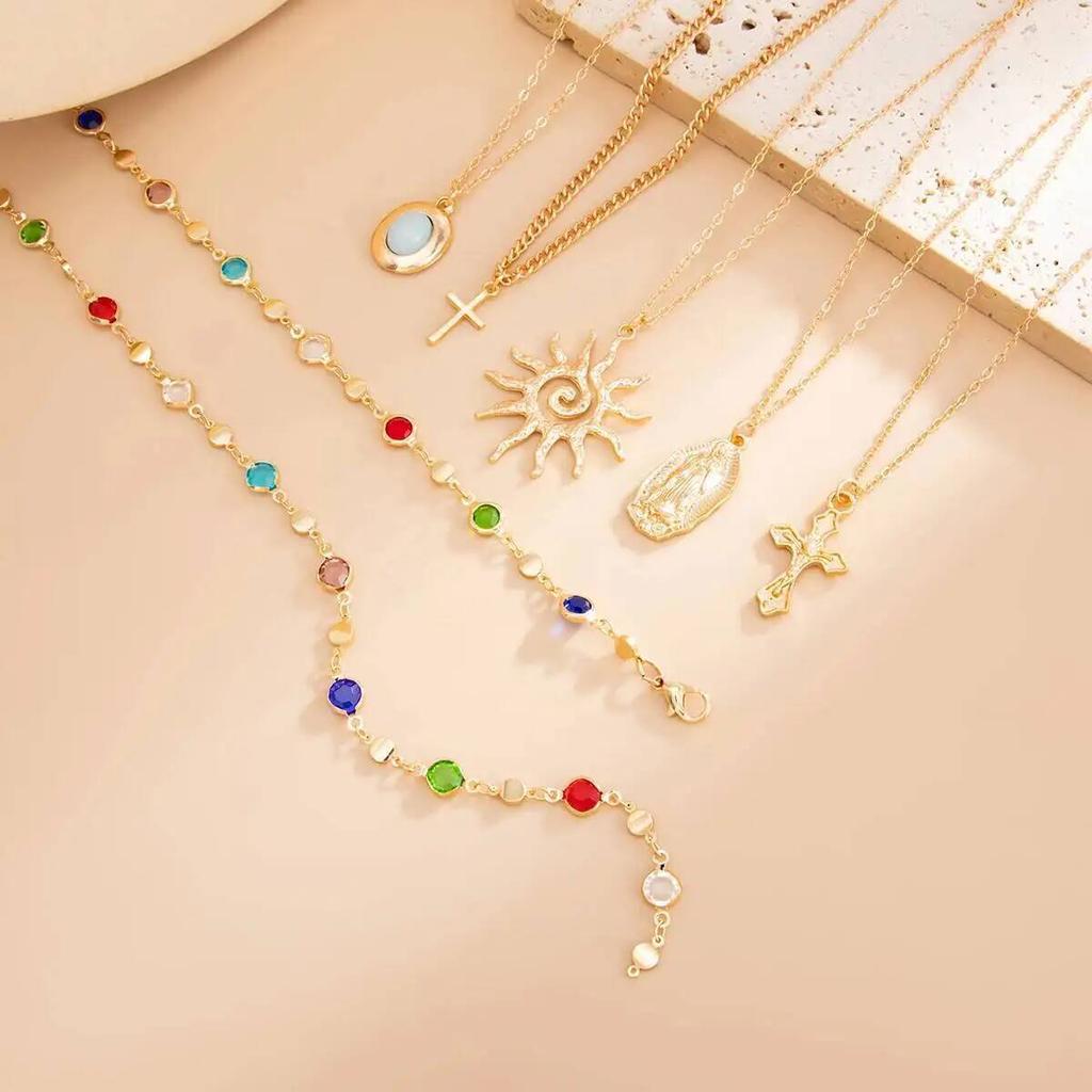 Salircon Boho 6 Pcs/Set Creative Colorful Acrylic Rhinestone Cross Pendant Necklace Exquisite Y-shaped Long Chain Y2k Jewelry