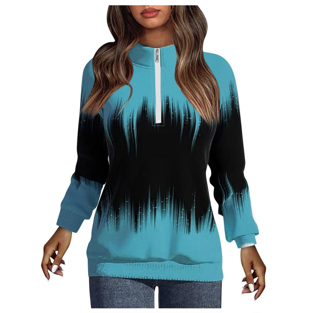 Ladies Gradient Printed Collar Zipper Long Sleeve Winter Half Turtleneck Sweatshirt