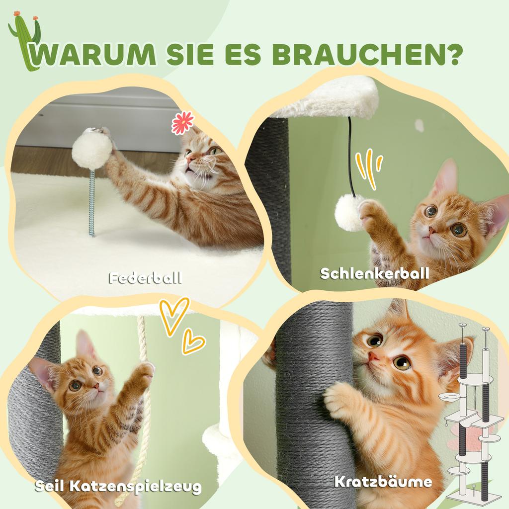 Cat Tree, Ceiling-High, Adjustable 225-255 cm, Platforms & Hammocks, Anti-Tip Safety, White
