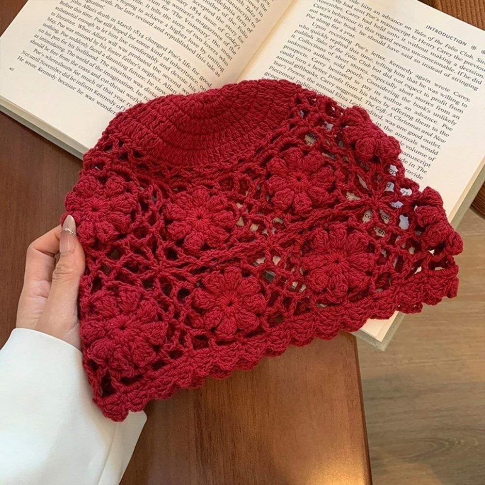 Hollow Knit Basin Caps Handmade Beanies Cap Korean Crochet Flower Hat  Outdoor