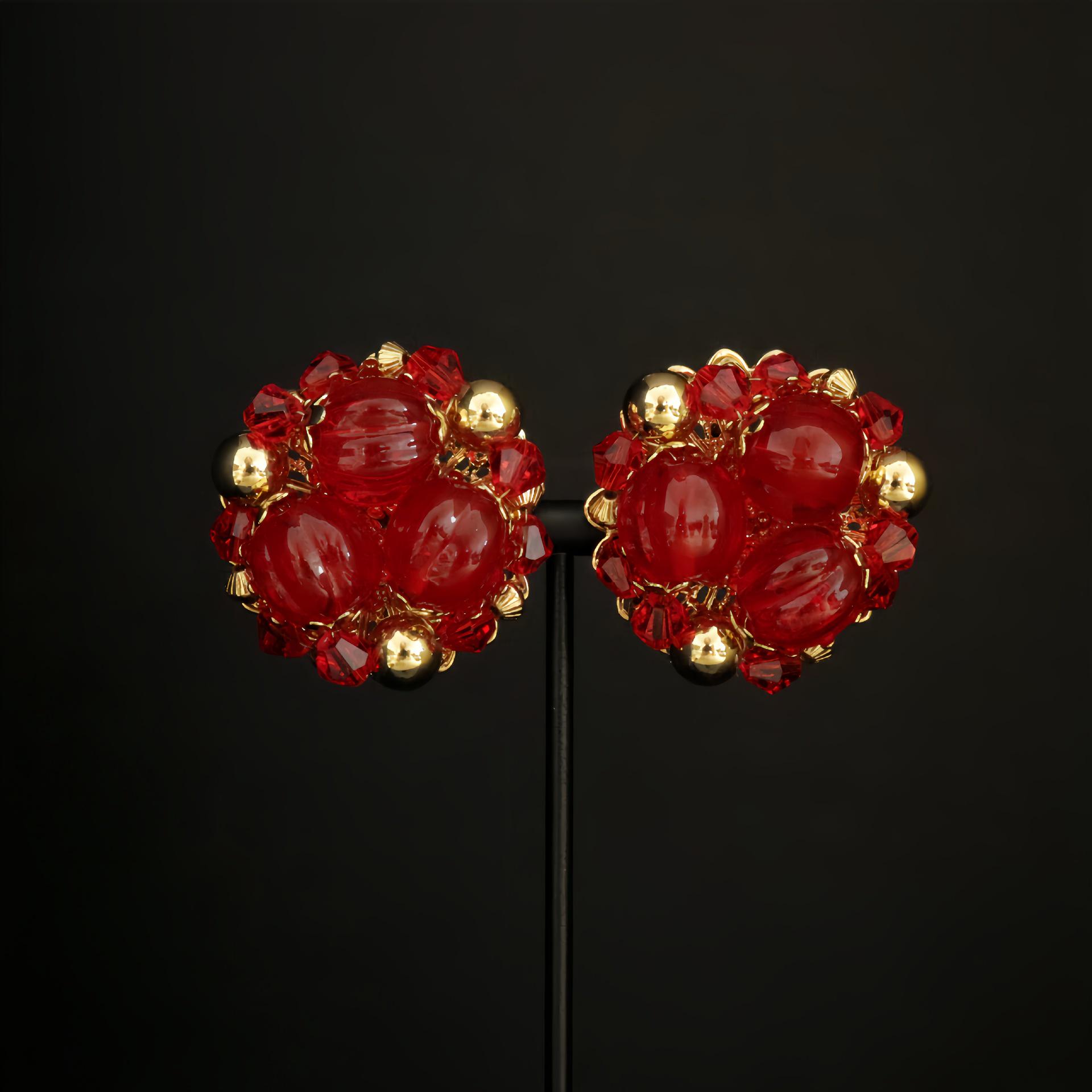 Elegant Handmade Beaded Jelly Glass Ear Clips with Gold-Plated Woven Floral Design