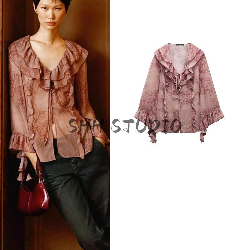 Spring New Women's New Year Series Lotus Collar Long Sleeves Animal Pattern Print Laminated Shirt 2067103