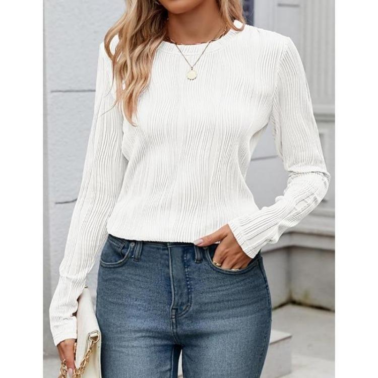 Women Long Sleeve Solid Color Top Round Neck Shirt for Autumn Winter