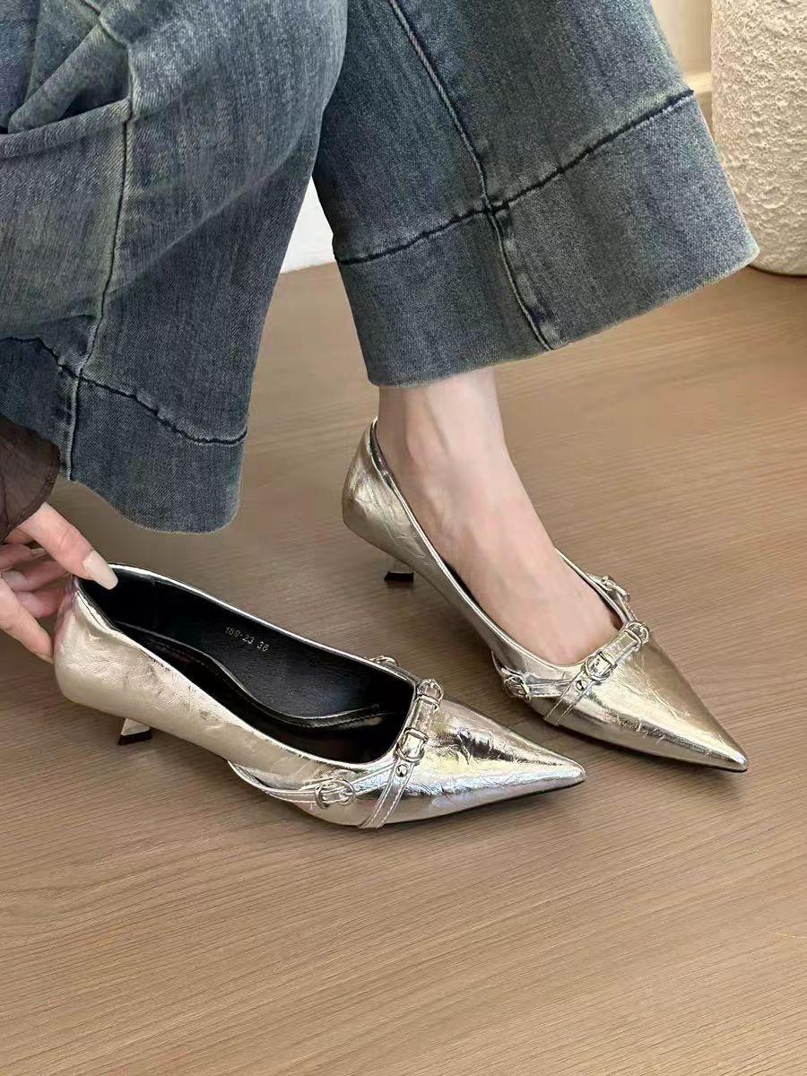 

Туфли-лодочки French kitten single shoes весна и осень 2025 года, серебристый темперамент, светская львица с новыми черными туфлями на высоком каблуке для женщин 40 серебряный