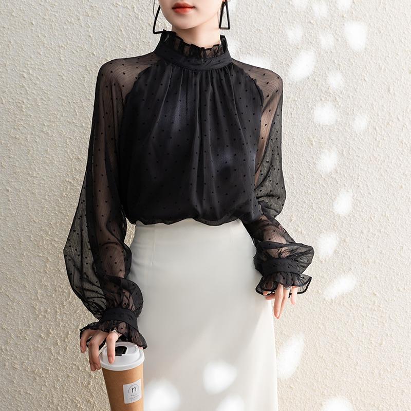

Черная рубашка в горошек с оборками и воротником-стойкой, повседневная шифоновая женская весенняя свободная женская блузка с длинным рукавом, элегантная винтажная однотонная блузка, топы 25864 M чёрный