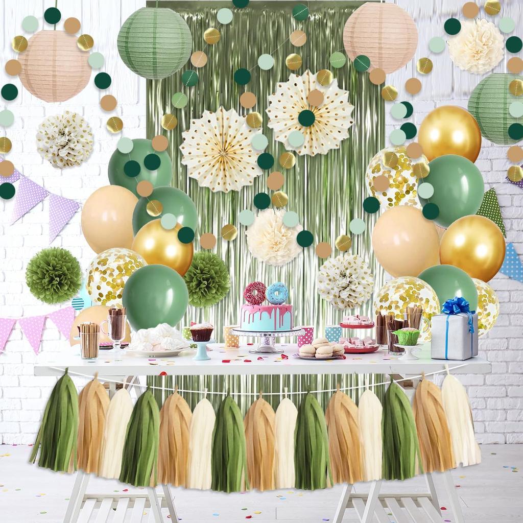 Bridal Shower Decorations Sage Green Party Decorations Bridal Shower Balloons Paper Pompoms Fringe Curtain for Wedding Bachelorette Bride To Be Party