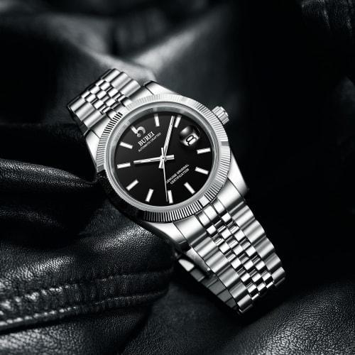 BUREI Men's Automatic Mechanical Watch, Waterproof, Analog, Popular for Business, Date Display, Black, Stylish, Simple, Luminous Watch