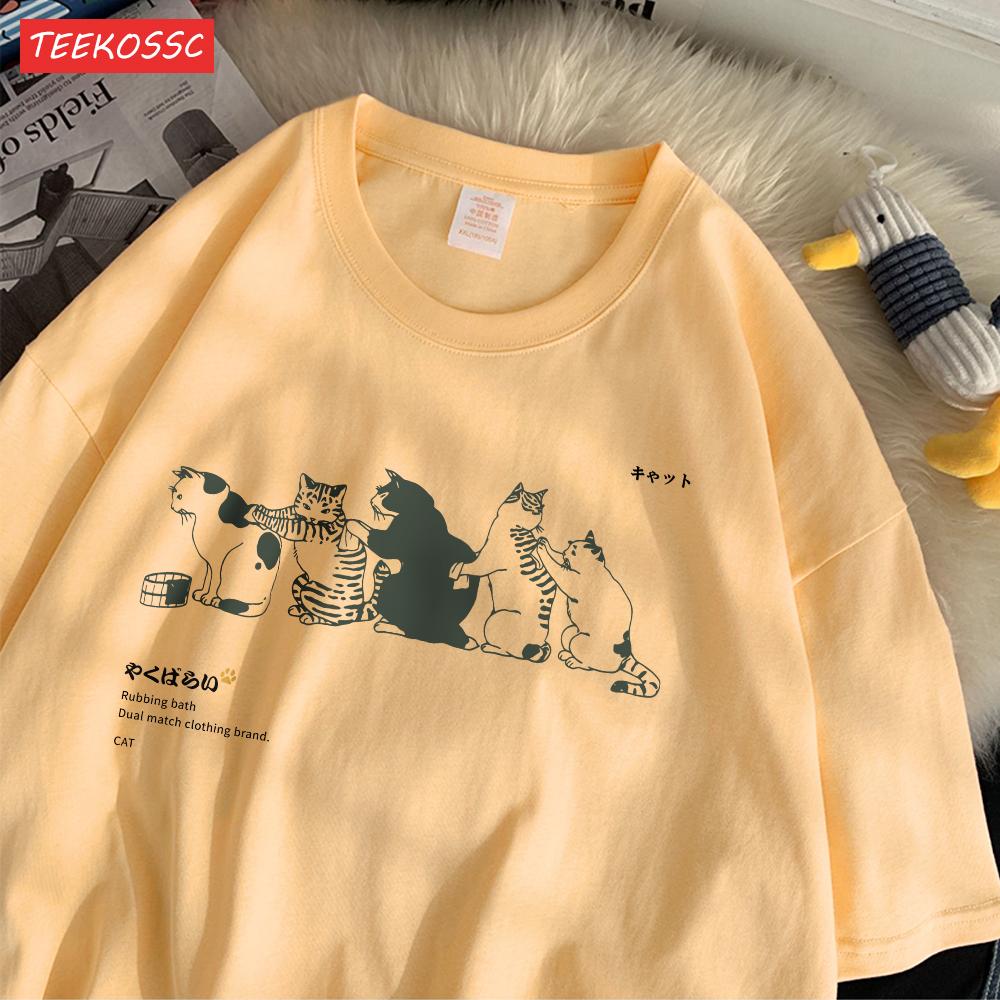 Summer Cotton WomenS TShirts Japanese Vintage Cats Printing Short Sleeve ONeck Breathable Loose Tops Casual Female Clothes